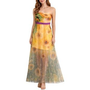 Ark & Co Strapless Floral Maxi Dress Sheer Overlay Purple Waist Tie Boho